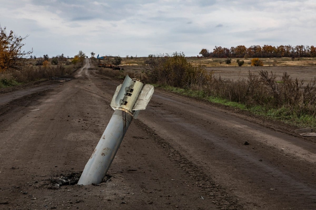 Missile stuck in the middle of a deserted road in Ukraine